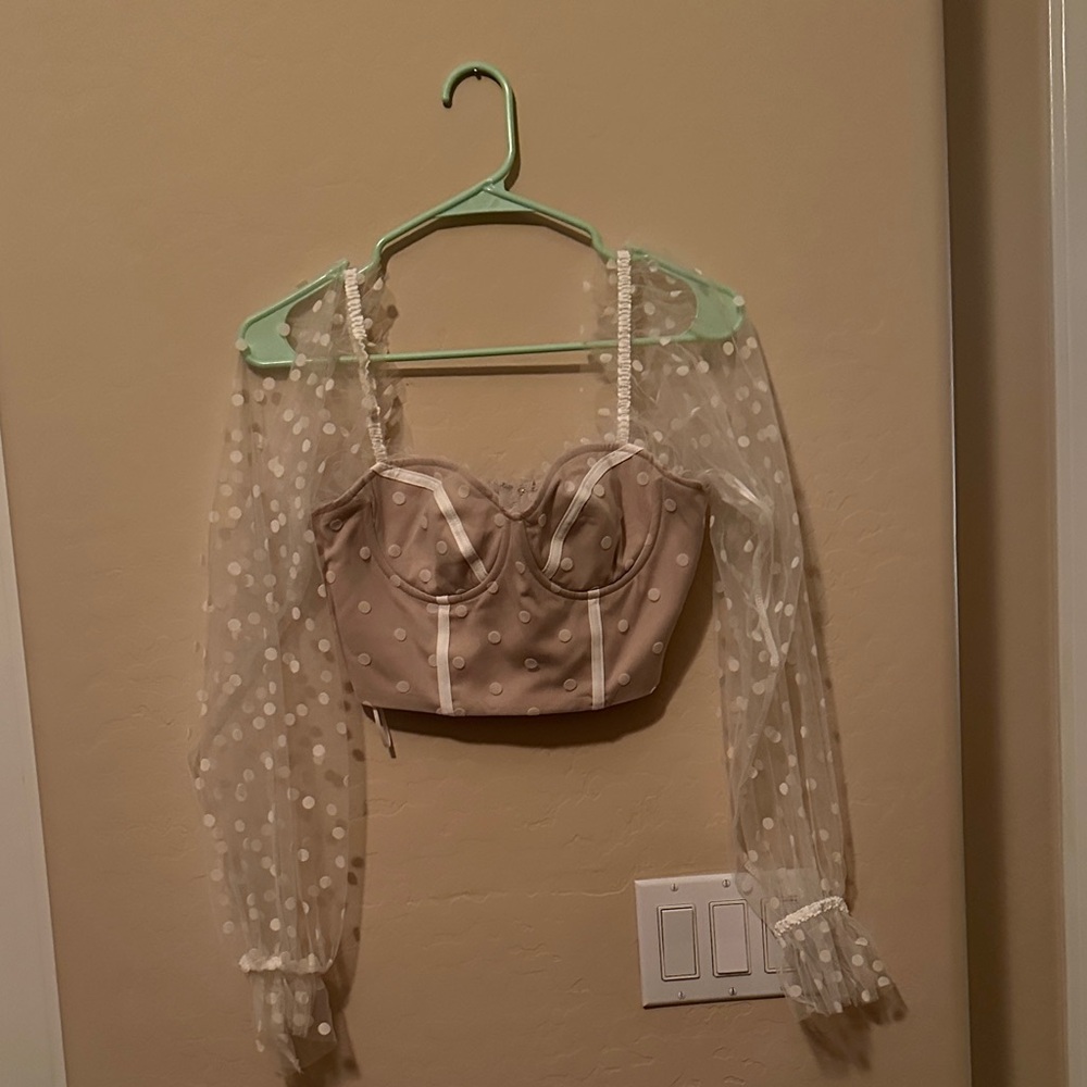 Hello Molly Sheer Sleeve Polka Dot Blouse in Tan